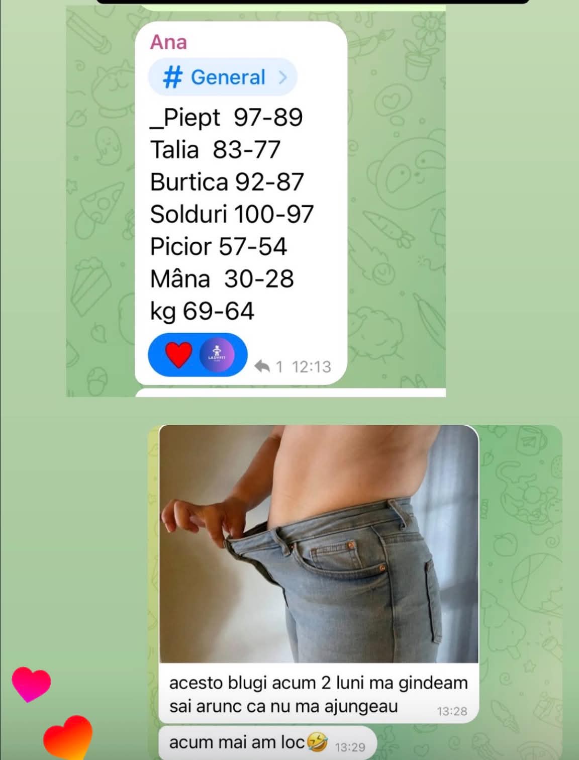 Mesaj cu măsurători: talie 83→77 cm, greutate 69→64 kg